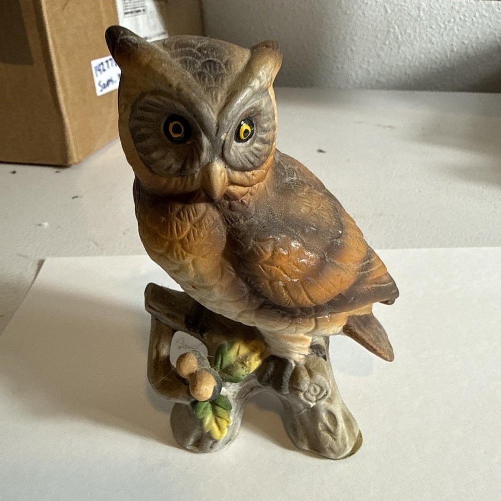 Vintage  5 In Owl Figurine Perched on Branch.  Lightweight‎ Statue